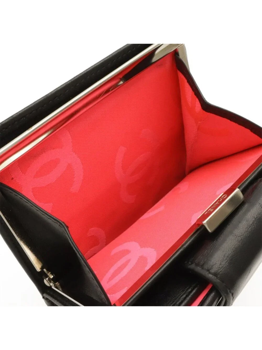 Chanel Cambon Line Kiss Lock Wallet Bifold Soft Calf Leather Black White Pink
